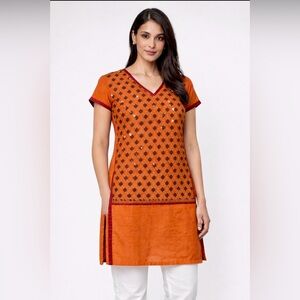 NISHI Orange Embroidered Mirror Work Kurti Tunic Top